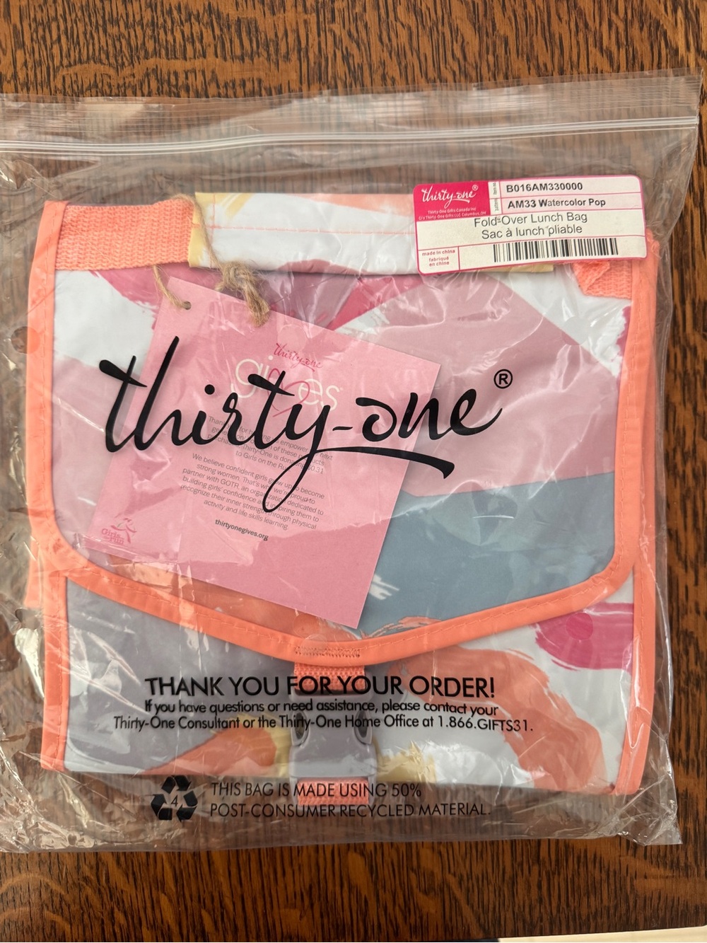 Thirty-one Fold Over Lunch Bag in Watercolor Pop- New in factory sealed bag